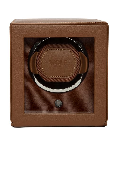 WOLF Cub Single Watch Winder with Cover in Cognac - Brown. a