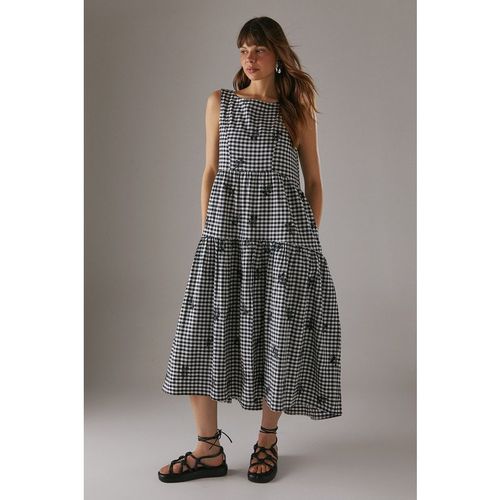 Warehouse Womens Embroidered Gingham Sleeveless Midi Sundress - Black Cotton