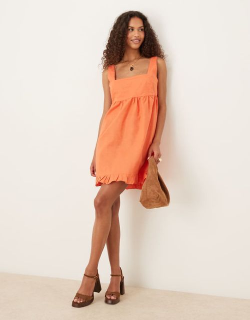 Square neck pleated mini dress in dark tangerine-Orange