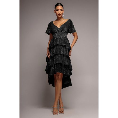 Goddiva Crinkle Lurex High Low Layered Midi Dress - Black