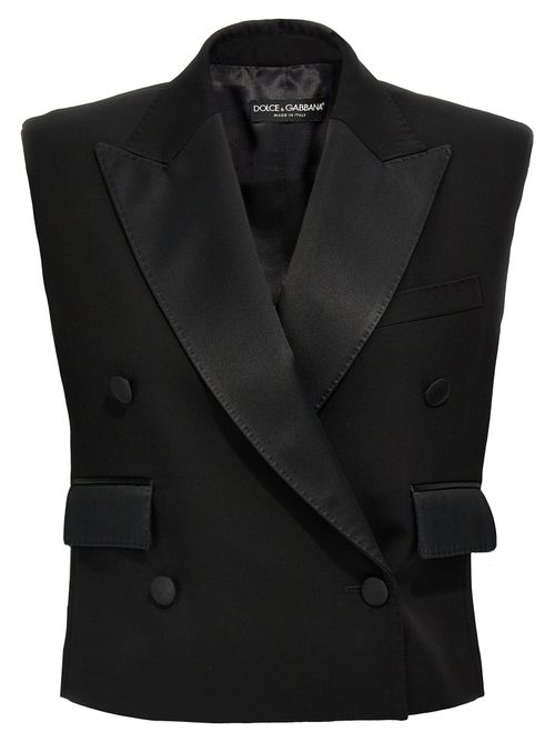 Wool Gabardine Double-Breasted Vest — Black