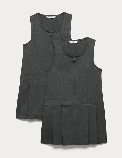 M&S 2 Pack Pleated Pinafore School Dresses 2-12 Yrs - 2-3 Years - Grey, Grey