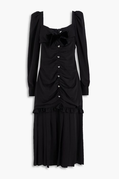 Bow-detailed ruched silk crepe de chine midi dress - Black - IT 44