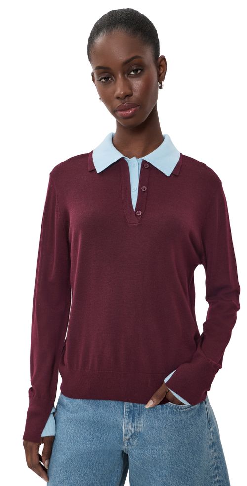 Superfine Merino Wool Layered Polo Black Cherry/Light Blue Trim