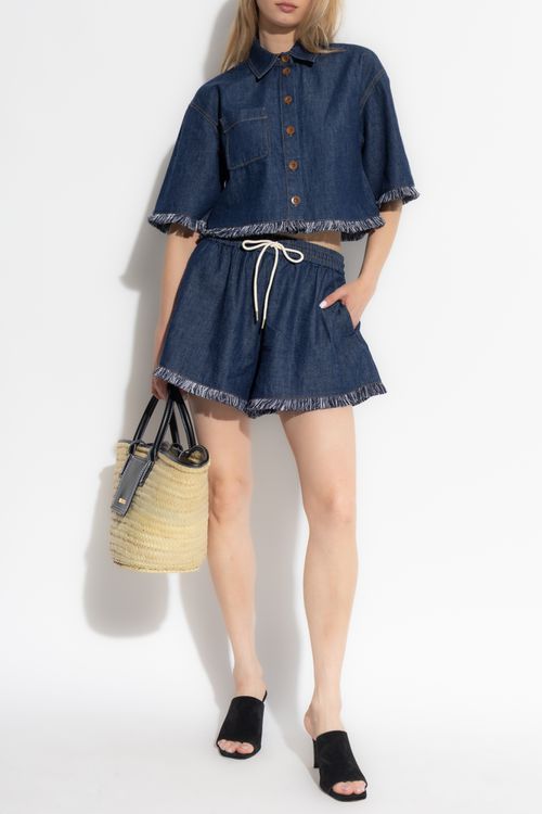 Denim Shirt With Fringes, Women's, Navy Blue