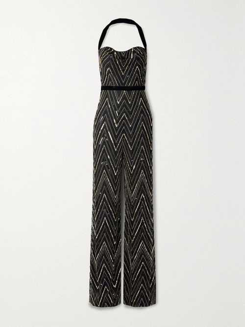 Velvet-trimmed Embellished Tulle Halterneck Jumpsuit - Black