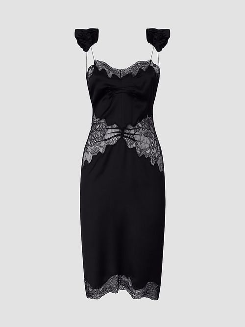 Women's Satin & Lace Midi Dress - Black