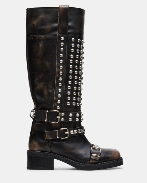 Steve Madden Women's Static Block Heel Boots - Black Distressed - - Leather