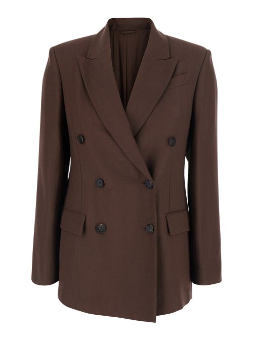 Double-Breasted Viscose-Linen Blend Blazer — Brown