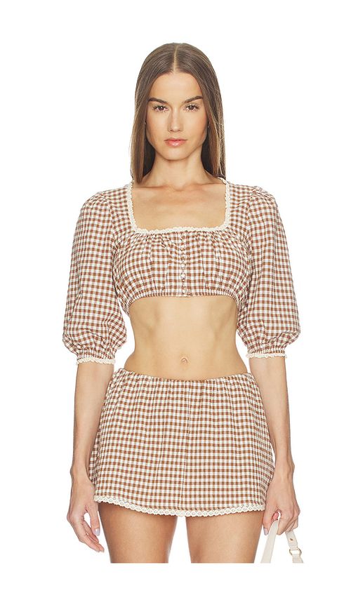 LOBA Ann Gingham Top in Brown,White. L. Also in M, S, XL