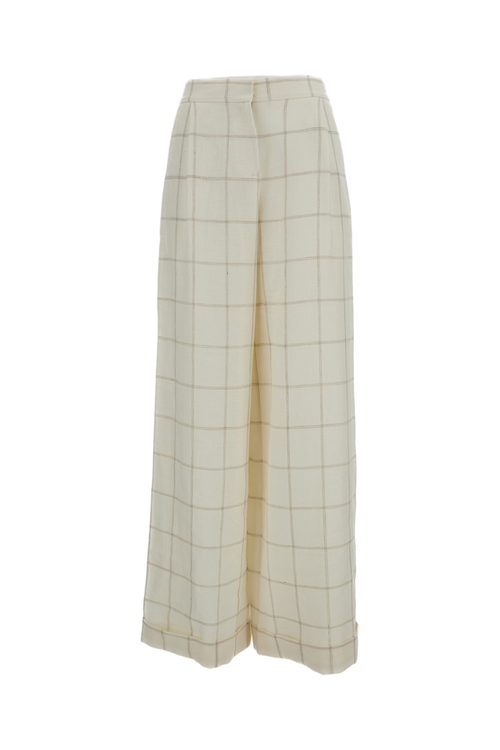 Checked Wide-Leg Trousers in Linen and Wool Blend