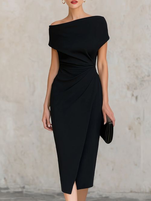 Minimalist Black Asymmetric One-Shoulder Midi Dress - Black