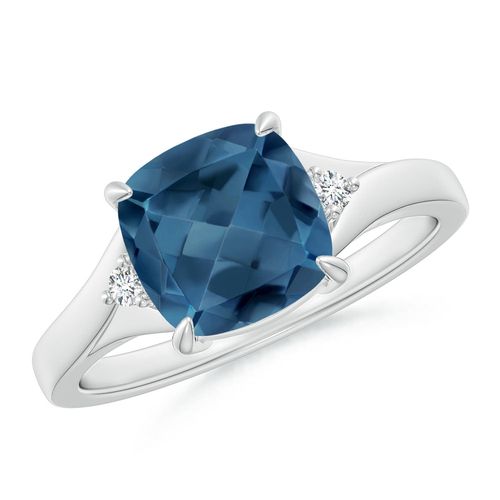 Angara 2.5 Carats Split Shank Cushion London Blue Topaz Solitaire Ring in Platinum
