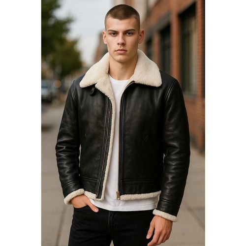 Infinity Leather Mens Brown Cream B3 Aviator Real Sheepskin Flying Jacket-Hobart - Brown/White - X-Sma