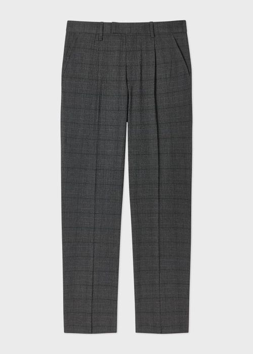 Grey Textured-Cotton Check Pleated Trousers Black
