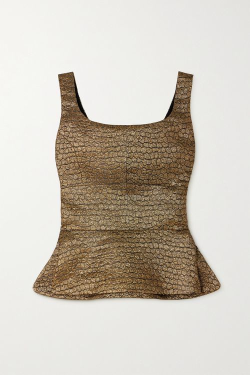 + Net Sustain Metallic Jacquard Peplum Top - Gold