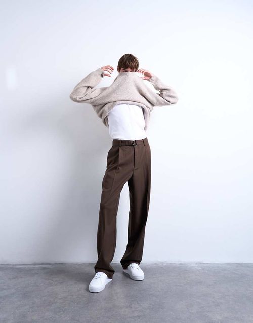 Wide leg belted twill smart trousers in chocolate-Brown