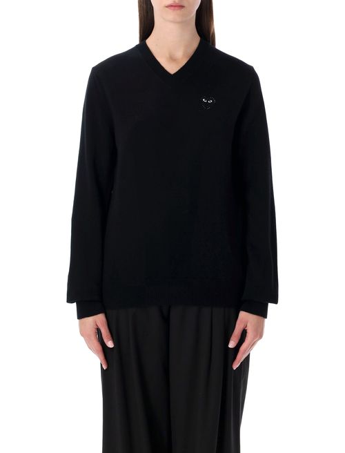 Wool V-neck Sweater with Black Heart and Crystals
