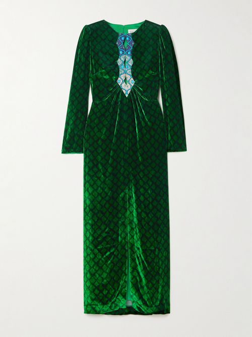 Jinx C Embellished Silk-trimmed Printed Velvet Midi Dress - Green