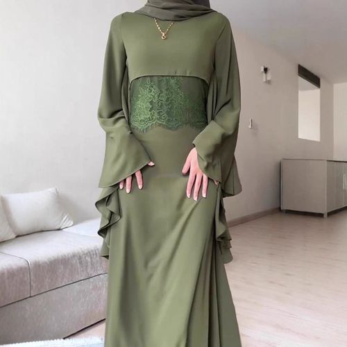 Elegant Islamic Abaya Dress With 3D Embroidery – Modest Long Sleeve Maxi Dress For Prayer & Evening Occasions XS-XXL, Olive Green