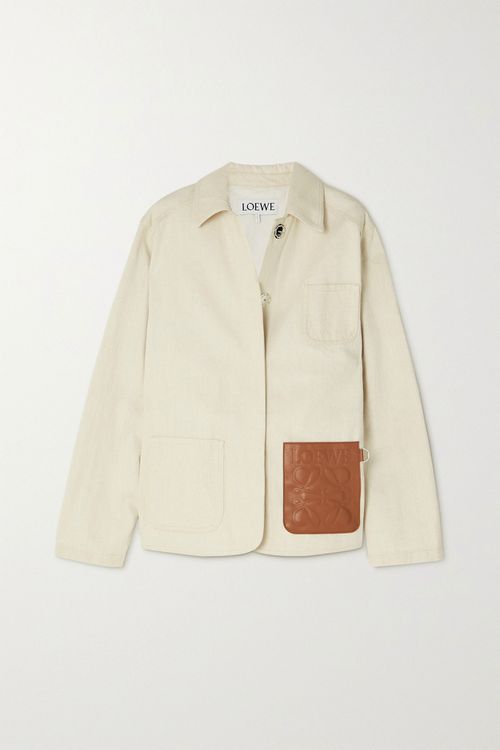 Jacke aus Twill aus einer Baumwoll-Leinenmischung mit Lederbesatz – Ecru – FR32