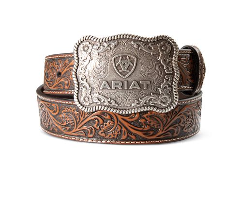 Men's Leather Cow Buckle Belt in Brown, Size 34, by Ariat