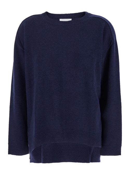 Blue Crewneck Sweater With Asymmetric Hem In Wool And Cashmere Woman