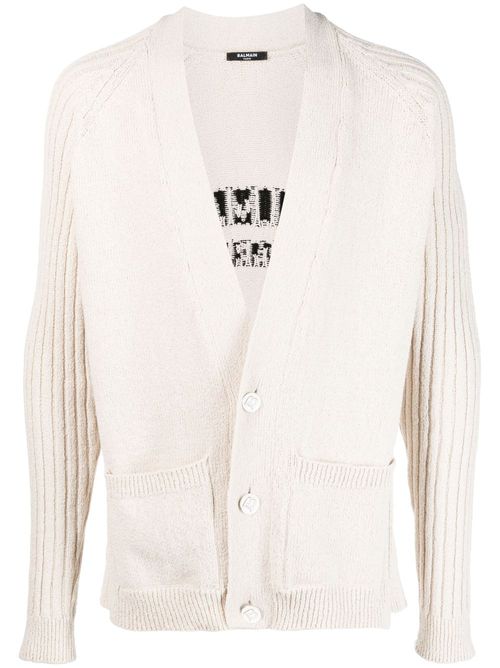 Intarsia-logo button-up cardigan - Neutrals