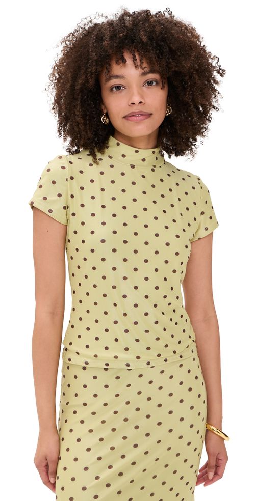 Polka Dot Mesh High Neck Top Pistachio/Brown