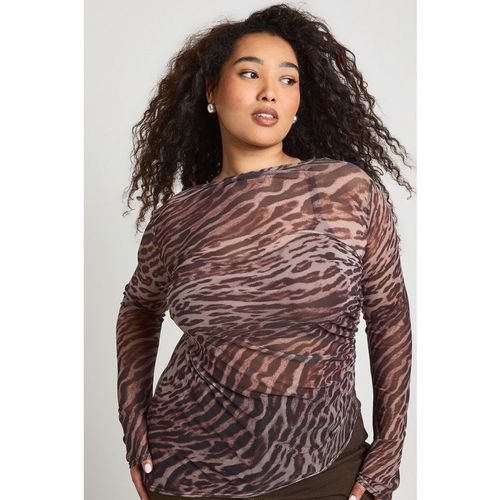 Boohoo Womens Plus Leopard Mesh Asymmetric Top - Brown