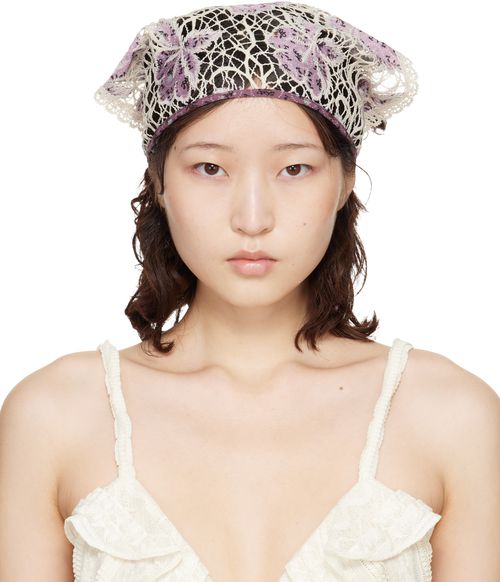 Purple & Off-White Medallion Floral Lace Headscarf