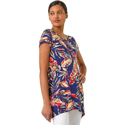 Roman Women's Leaf Print Hanky Hem Tunic Top in Navy