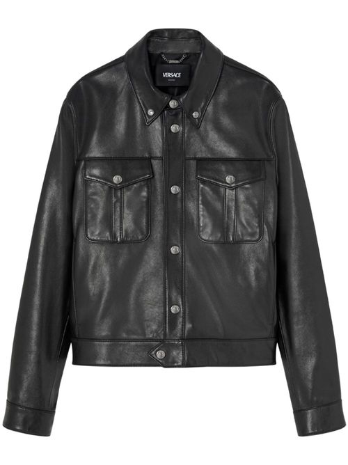 Logo-engraved leather jacket - Black