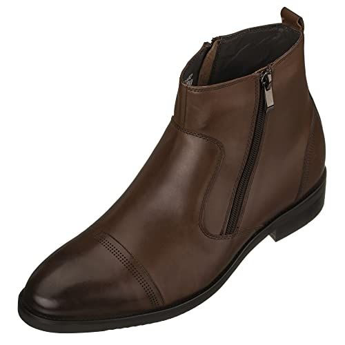 CALTO Men's Invisible Height Increasing Elevator Shoes - Dark Brown Premium Leather Lightweight Zipper Boots - 2.8 Inches Taller - S28002