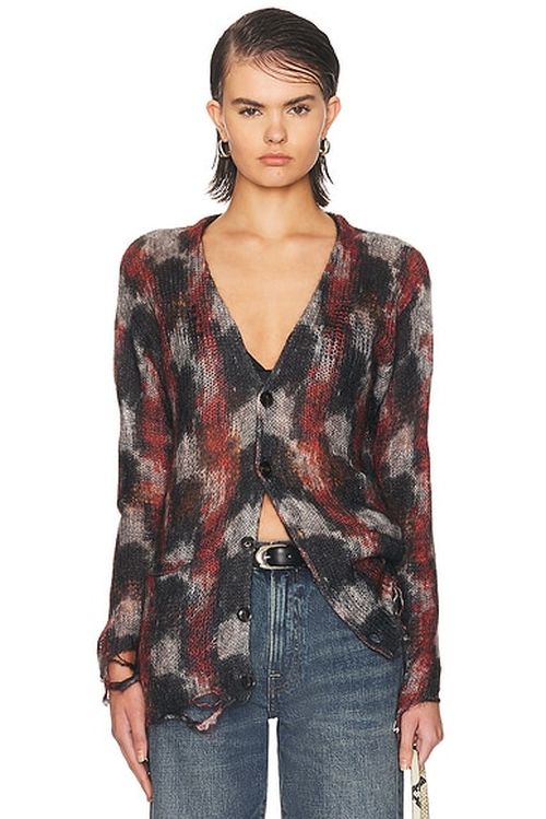 R13 Printed Boyfriend Cardigan in Red Black & White - Black. M also in L