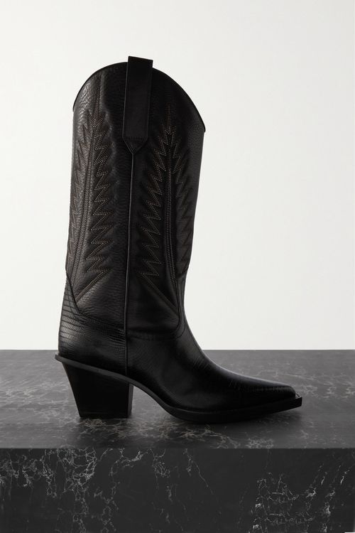 Rosario Embroidered Textured And Croc-effect Leather Cowboy Boots - Black