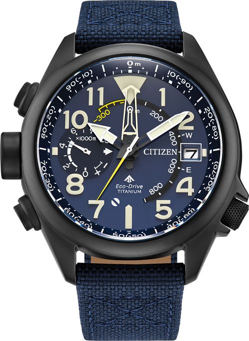 Eco-Drive Altichron 47mm Watch with Blue Dial and Nylon Strap