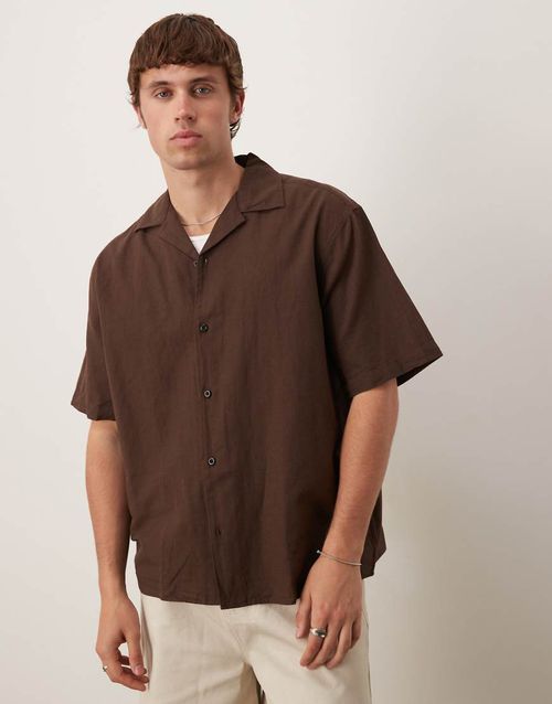 Camp collar linen blend shirt in brown