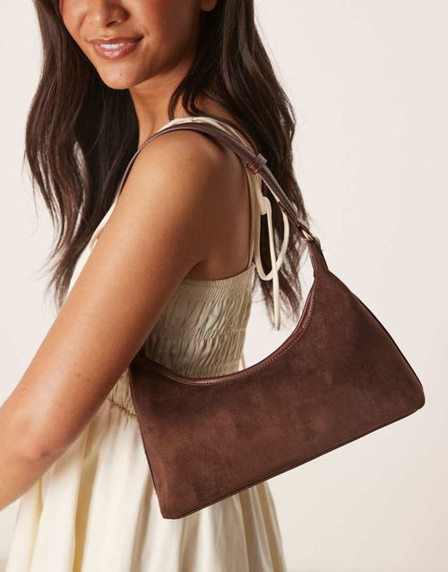 Faux suede 90s shoulder bag in chocolate-Brown