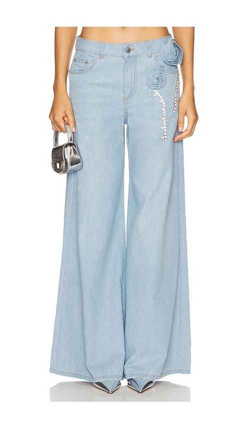 AREA Crystal Rosette Wide Leg Jeans in Blue