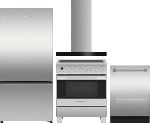 Fisher & Paykel 4 Piece Kitchen Appliances Package with Bottom Freezer Refrigerator, Induction Range and Dishwasher in Stainless Steel FPRERADWRH