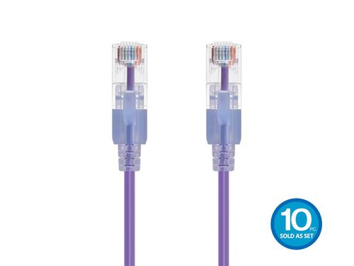 Cat6A 14ft Purple 10-Pk Patch Cable, UTP, 30AWG, 10G, Pure Bare Copper, Snagless RJ45, SlimRun Series Ethernet Cable