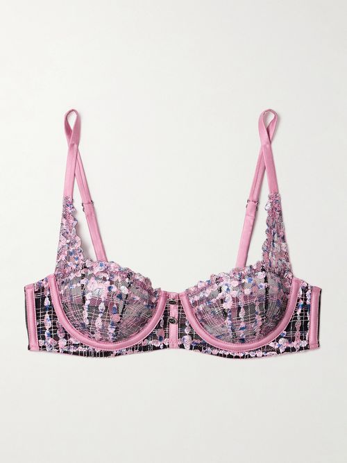 Gabrielle Silk-blend Satin-trimmed Embroidered Tulle Soft-cup Balconette Bra - Pink