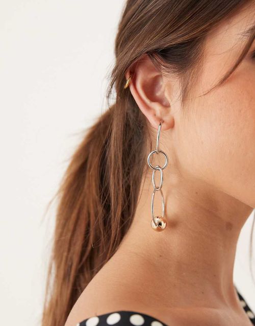 Drop circle earrings with gold-tone ball detail in silver tone