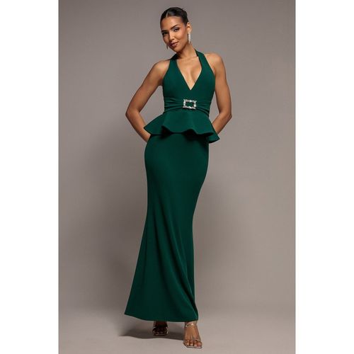Goddiva Peplum Halter Neck Maxi Dress With Diamante Buckle - Emerald Green