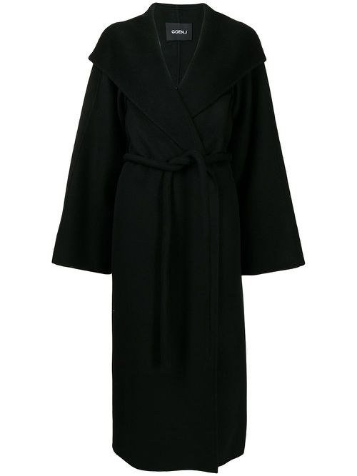 Tie-waist wool-blend double-faced coat - Black