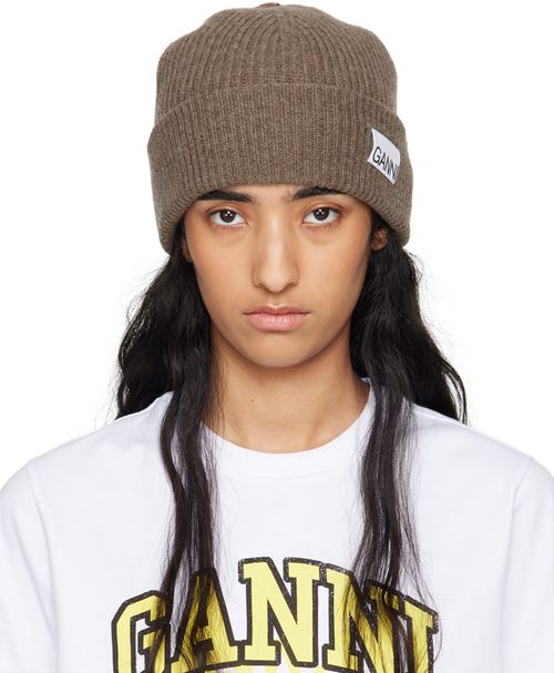 GANNI Taupe Fitted Wool Rib Knit Beanie