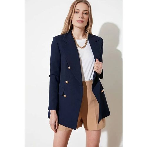 Wovcor Double Breasted Tailored Long Sleeve Blazer Jacket In Navy