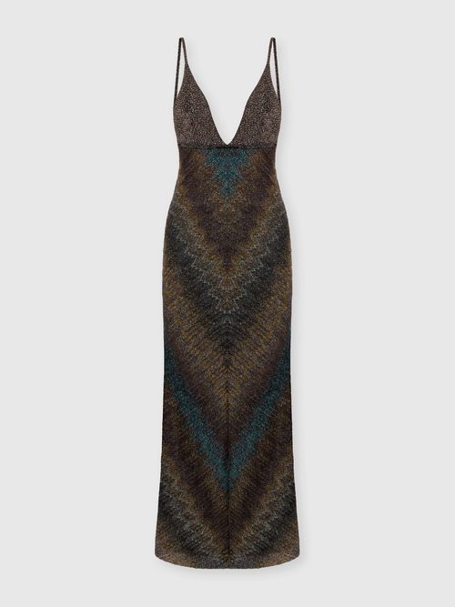 Missoni - Vestido largo de viscosa lamé con escote profundo, Mujer, Verde & Marròn