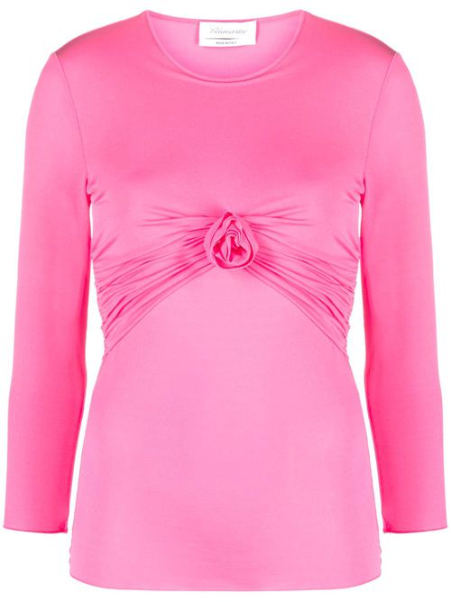 Floral-appliqué gathered T-shirt - Pink